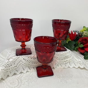 1930&#39;s Mckee Opal Pattern Ruby Red Amberina Plymouth or Diamond Thumbprint Pattern Wine Glasses ~ Set of Three (3) Made in the USA