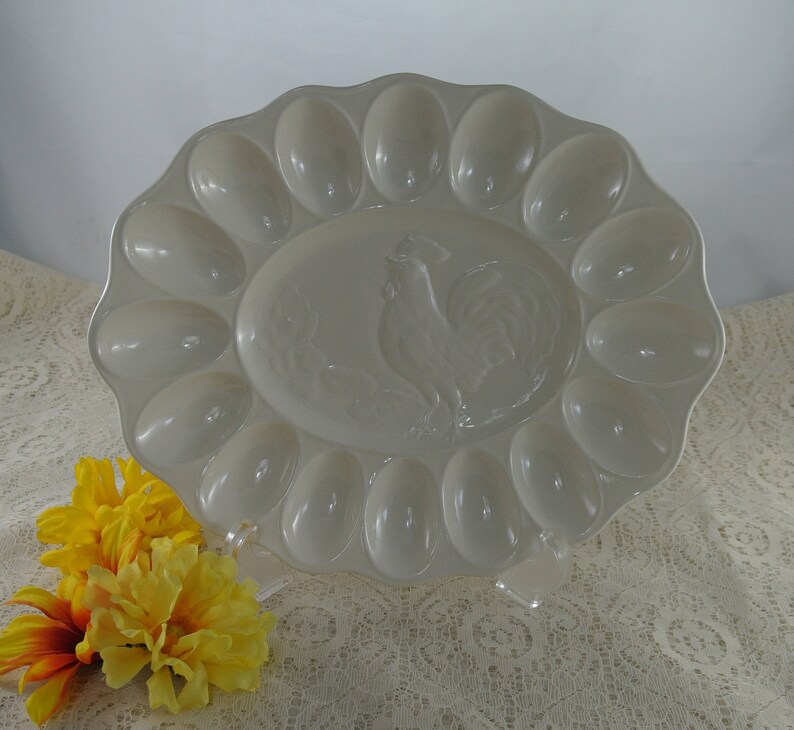 Vintage Oval White Ceramic Egg Plate Embossed with a Rooster Etsy