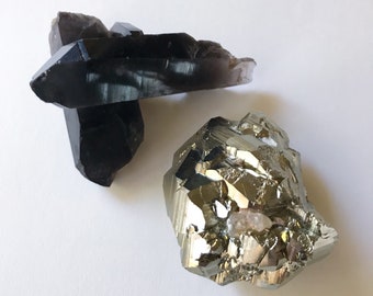LG Smoke and Mirrors Crystal Set- Dark, Mysterious Black Smoke Quartz Crystals Paired with Stunning, Ultra Reflective Iron Pyrite Clusters