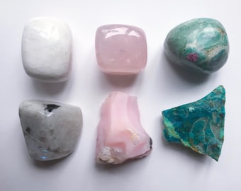 Natural Beauty Crystal Collection- Rare Gem Silica- Peruvian Pink Opal- Ruby in Fuchsite- Rose Quartz- Scolecite- Rainbow Moonstone- 6pc set