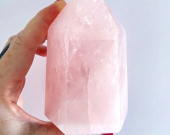 Large 1.6 lb Rose Quartz Crystal Tower- Polished with beautiful striations- Hand selected for beauty and form- Perfectly self standing- 713g