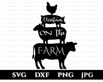 May include: Black silhouette of a cow, sheep, pig, and chicken stacked on top of each other. The text "Christmas on the Farm" is written on the animals.