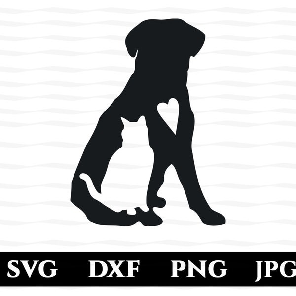 Chien et chat Love Silhouette SVG, chien, chat et coeur ; Amoureux des animaux ;  Cricut, Cameo, Silhouette de fichier PNG, DXF