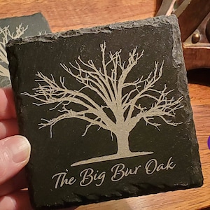 May include: A black slate coaster with a white etched design of a tree with the text "The Big Bur Oak" underneath. The coaster is being held in a hand.