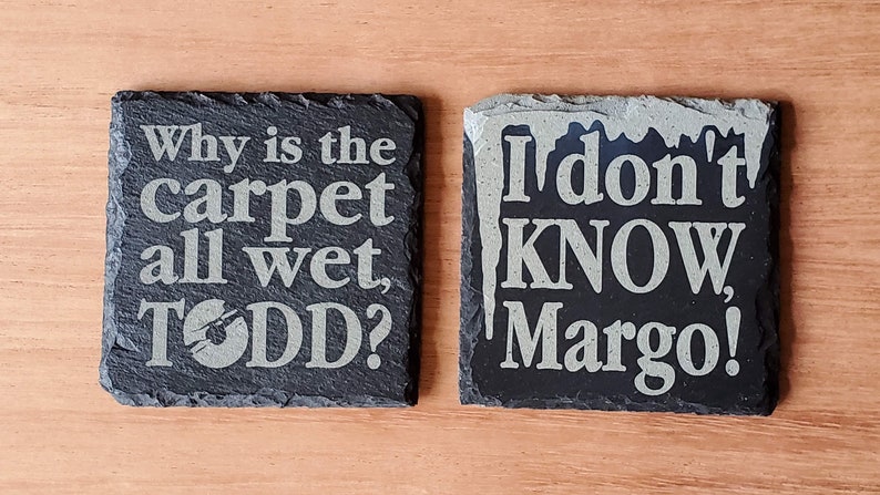 Why is the carpet all wet, Todd Todd and Margo Christmas Vacation Wet Carpet Dilemma Set of 2 Slate Coasters image 5