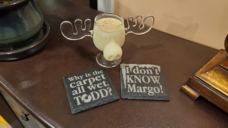 Why is the carpet all wet, Todd Todd and Margo Christmas Vacation Wet Carpet Dilemma Set of 2 Slate Coasters image 2