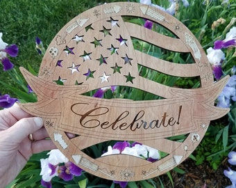 Celebrate America Medallion with centered ribbon, script font