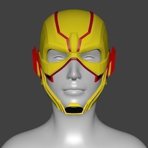 May include: A yellow and red superhero mask. The mask features a streamlined design with a yellow base and red accents. The mask covers the upper face, with eye openings and a chin piece. The overall aesthetic is futuristic and bold.