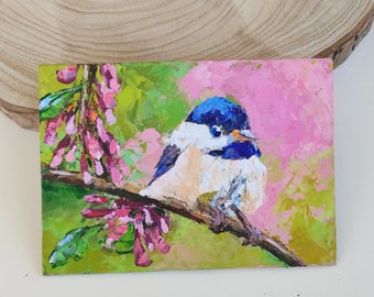 Chickadee Painting Bird Original Art Small Bird Artwork Impasto Oil Painting Flowers Wall Art 5 by 7 by Nataliaroladen