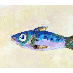 Sardine Painting Fish Original Art Small Animal Impasto Oil Kitchen Wall Decor 5 by 7 by Nataliaroladen