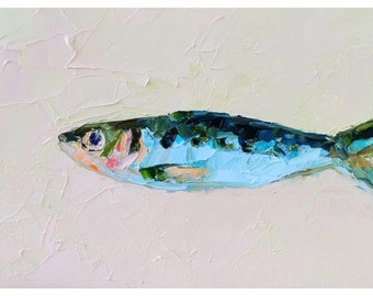 Sardine schilderij vis originele kunst klein dier Impasto olie vis muur kunst 5 bij 7 door Nataliaroladen