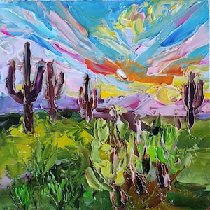 Impasto Saguaro Cactus Painting: Arizona Desert Sunset Art, 6x6