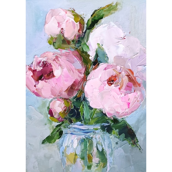 Peonías rosas pintando flores arte original ramo floral pintura impasto pintura al óleo pequeña peonía pared arte 5 por 7 por Nataliaroladen