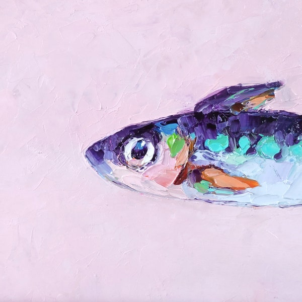 Sardine Painting Fish Original Art Small Animal Impasto Oil Painting Fish Wall Art  5 by 7 by Nataliaroladen