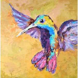 Hummingbird Painting Bird Original Art Colorful Textured Oil Artwork Modern Home Decor 8 by 8 by Nataliaroladen