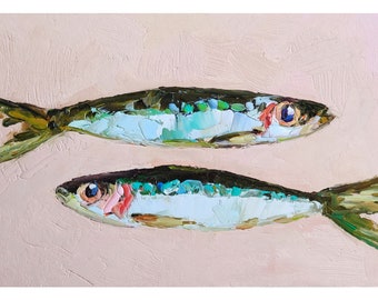 Sardinengemälde Unterwassertiere Original Kunst Fisch Ölgemälde Impasto Kleine Wandkunst 5 x 7 von Nataliaroladen