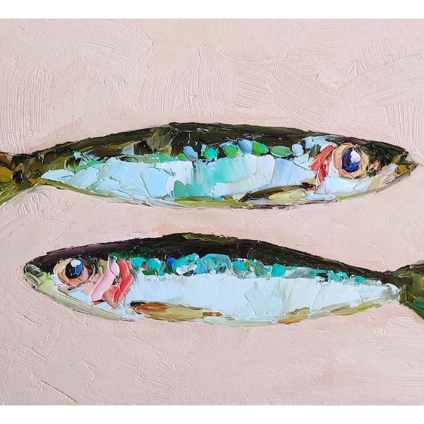 Sardinengemälde Unterwassertiere Original Kunst Fisch Ölgemälde Impasto Kleine Wandkunst 5 x 7 von Nataliaroladen