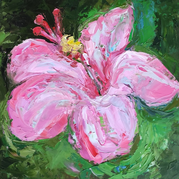 Mallow Flowers Painting Flower Original Art Pink Floral Artwork Impasto Oil Painting Garden Flower Wall Art 8 by 8 by NataliaroLaden ki