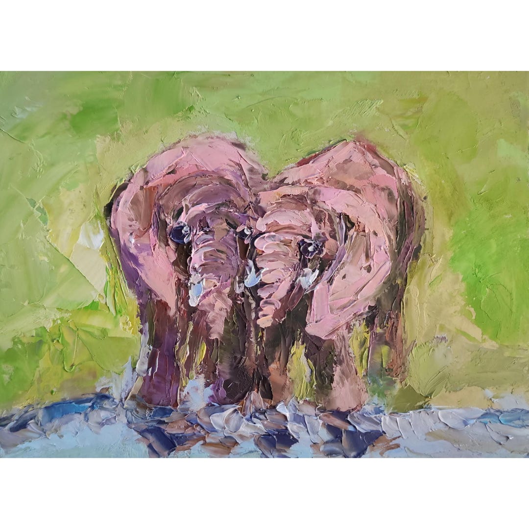 Elephant Oil Painting Original Art Animals Couple Artwork Small ...