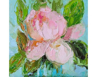 Pfingstrose Gemälde Blume Original Kunst Rosa Blumenstrauß Kunstwerk Impasto Ölgemälde Gartenblume Wandkunst 8 x 8 von NataliaroLaden