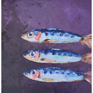 Sardine Painting: Impasto Oil Painting, Small Fish Wall Art (8x8)