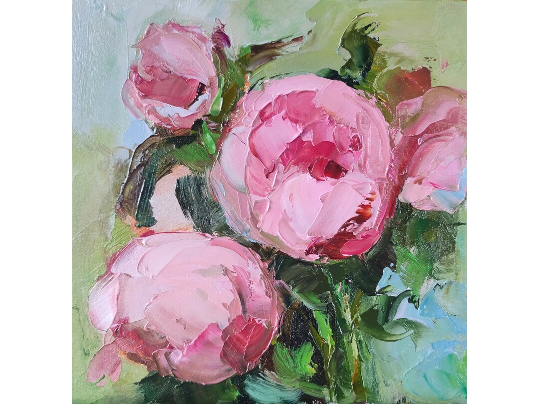 Pink Peony Oil Painting Original Floral Impasto Art 6x6 on Cardboard by ...