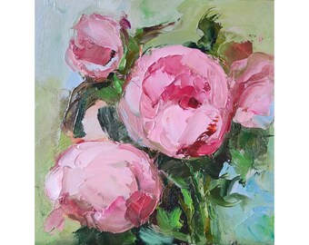 Roze pioen schilderij bloemen originele kunst bloemenboeket artwork Impasto olieverfschilderij kleine pioen muur kunst 6 bij 6 door Nataliaroladen