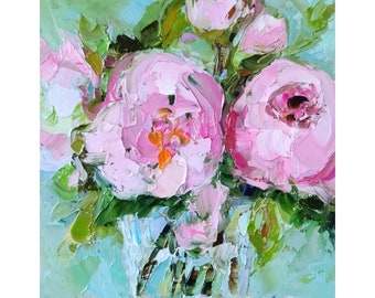 Pink Peonies Painting Floral Original Art Flowers Bouquet Artwork Impasto Oil Painting Flower Wall Art 6 by 6 by NataliaroLaden