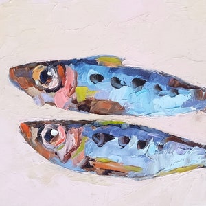 Sardine Painting Underwater Animals Original Art Couple Fish Artwork Impasto Small Oil Painting 5 by 7 by Nataliaroladen