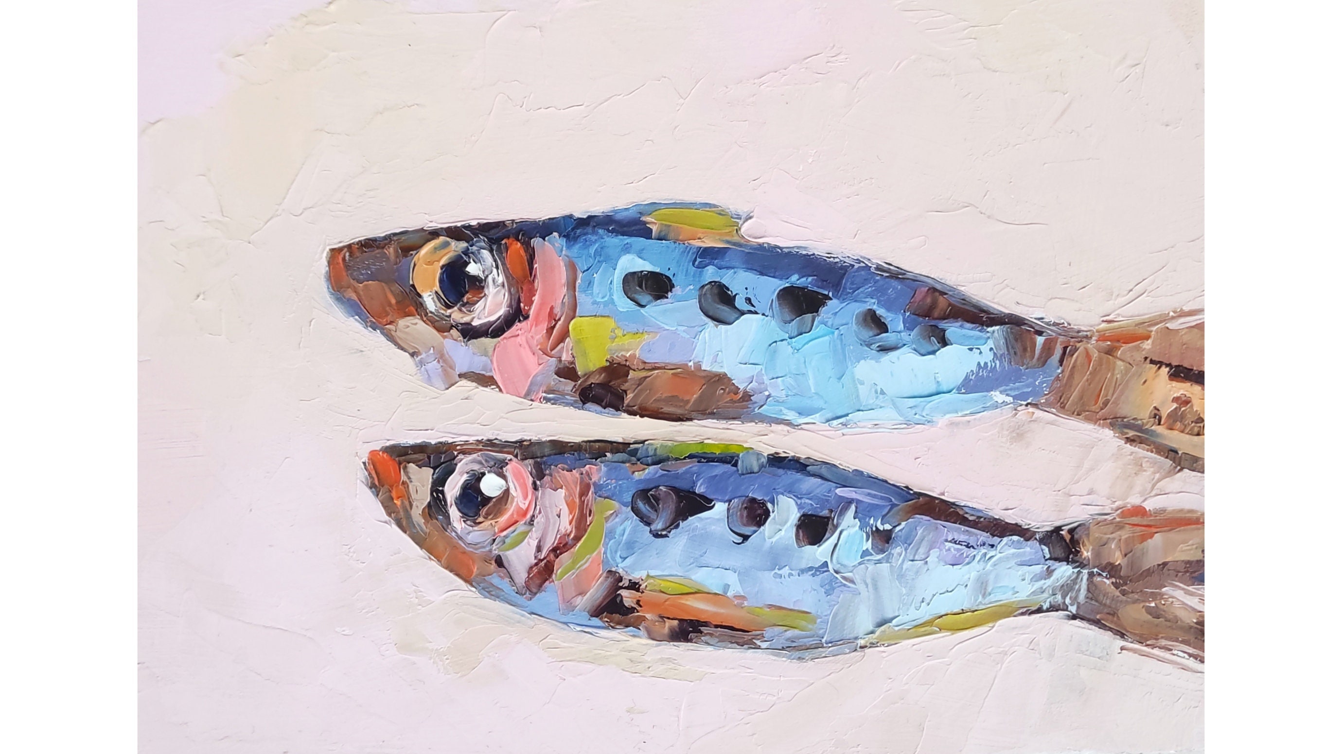 Sardine Painting Underwater Animals Original Art Couple Fish Artwork Impasto Small Oil Painting 5 by 7 by Nataliaroladen