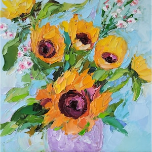 Sunflower Painting Flowers Original Art Small Sunflowers Bouquet Artwork Impasto Oil Painting Floral Wall Decor 8  by 8 By NataliaroLaden