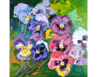 Pansy Painting Flowers Original Artwork Pansies Bouquet Artwork Impasto Oil Painting Floral Wall Art 8 by 8 by Nataliaroladen