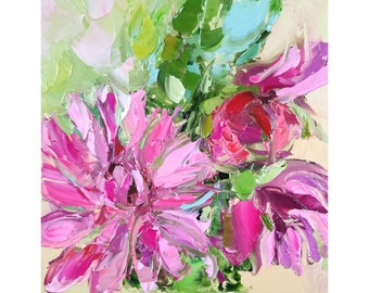Dahlien Gemälde Blume Original Kunst Rosa Blumenstrauß Kunstwerk Impasto Ölgemälde Blumen Wandkunst 6 x 6 von NataliaroLaden