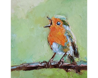 Robin Bird Painting Original Art Small Animal Impasto Oil Painting Colorful Bird Art 8 by 8 by Nataliaroladen