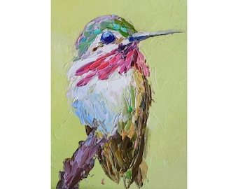 Hummingbird Painting Bird Original Art Small Bird Oil Painting Animal Impasto Wall Art 5 by 7 by Nataliaroladen