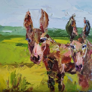 Donkey Painting Farm Animals Original Art Couple Small Donkey Artwork Impasto Oil Painting Pet Animal Wall Decor 8 by 8 by Nataliaroladen