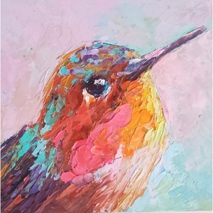 Hummingbird Painting Bird Original Art Small Animal Artwork Impasto Oil Painting Kitchen Wall Art 6 by 6 by Nataliaroladen