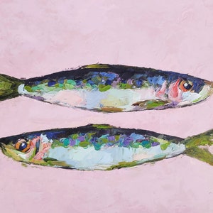 Sardinen-Ölgemälde: Impasto Fisch-Kunst, kleine Wanddekoration (200x300)