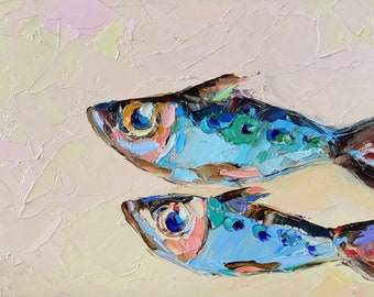 Sardine Painting Underwater Animals Original Art Impasto Small Oil Painting Couple Fish Wall Art 5 by 7 by Nataliaroladen