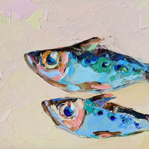 Sardine Painting Underwater Animals Original Art Impasto Small Oil Painting Couple Fish Wall Art 5 by 7 by Nataliaroladen