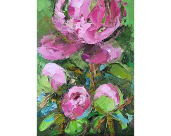 Peony Painting Flowers Original Art Pink Peonies Artwork Impasto Oil Painting Garden Floral Wall Art 5 by 7 by NataliaroLaden