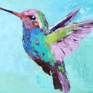 Hummingbird Painting Small Bird Original Artwork Impasto Oil Painting Small Animal Wall Art 6 by 6 by Nataliaroladen