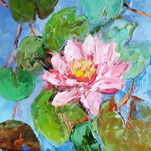 Impasto Lotus Oil Painting: Pink Water Lily Original Art (6x6)