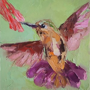 Hummingbird Painting Bird Original Art Small Bird Artwork Impasto Oil Painting Small Animal Wall Art 6 by 6 by Nataliaroladen