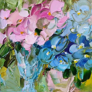 Forget-Me-Not Painting Flowers Original Art Small Floral Bouquet Art Impasto Oil Painting Kitchen Wall Art 6 by 6 by Nataliaroladen