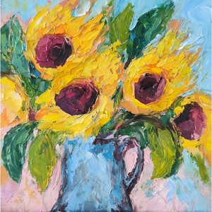 Sunflower Painting Florals Original Art Small Flowers Bouquet Artwork Impasto Oil Painting Sunflowers Wall Art 8  by 8 By NataliaroLaden