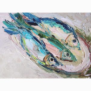 Impasto Sardine Oil Painting: Original Kitchen Still Life Art