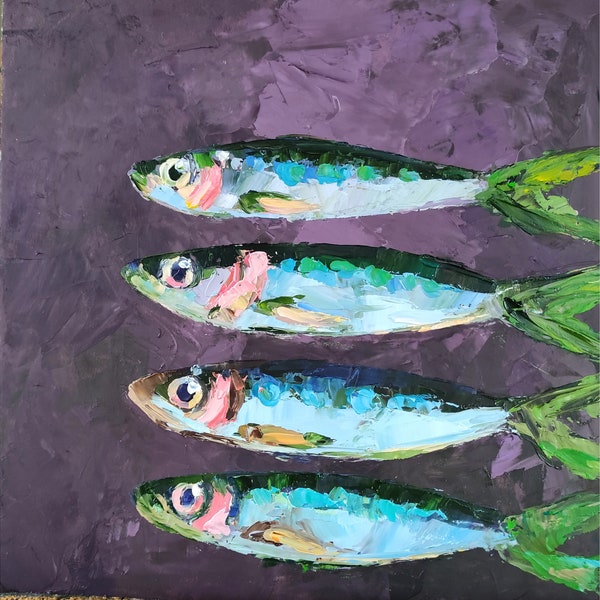 Sardine Painting Underwater Animals Original Art Fish Oil Painting Impasto Small Wall Art 5 by 7 by Nataliaroladen