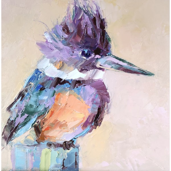 Kingfisher Painting Bird Original Art Small Kingfisher Oil Painting Impasto Wall Art  8  by 8 by Nataliaroladen