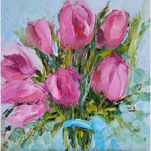 Rosa Tulpe Malerei Blumen Original Kunst kleine Blumen Blumenstrauß Kunstwerk Impasto Ölgemälde Tulpen Wandkunst 6 von 6 von Nataliaroladen